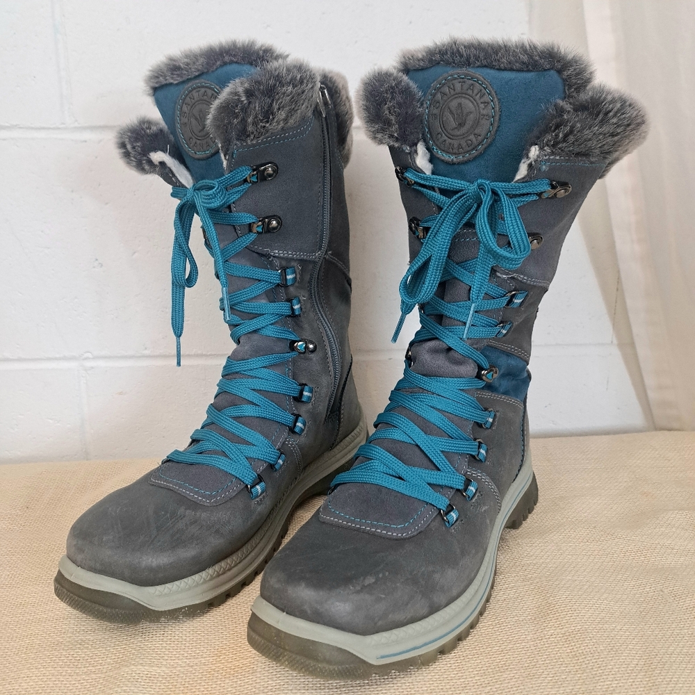 Santana Canada Marinda Grey Turquoise Tall Leather Lace Up Winter Boots 10